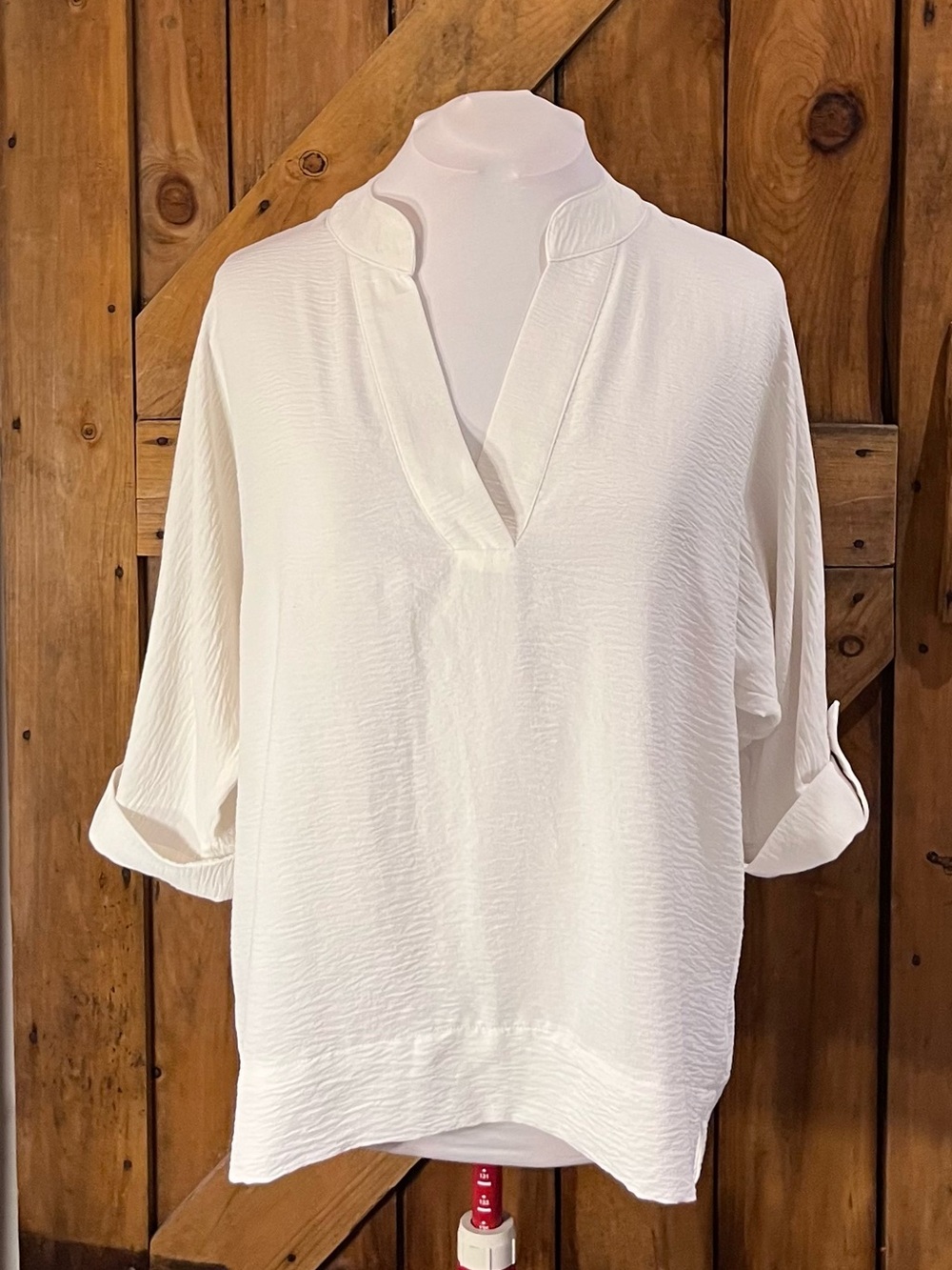 Calvin Klein White Textured Roll-Tab Sleeve Blouse Large